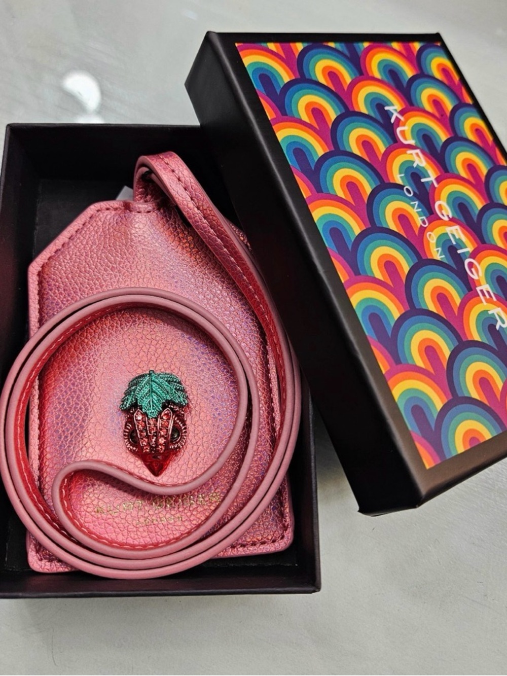 KURT GEIGER Southbank Metallic Strawberry Eagle Tag Lanyard NWT